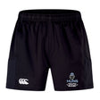 The Austin Huns Youth Rugby Advantage Short 2.0 by EMB Canterbury features an elastic waistband, the Canterbury logo, and the Huns Youth Rugby emblem—ideal performance shorts for young athletes.