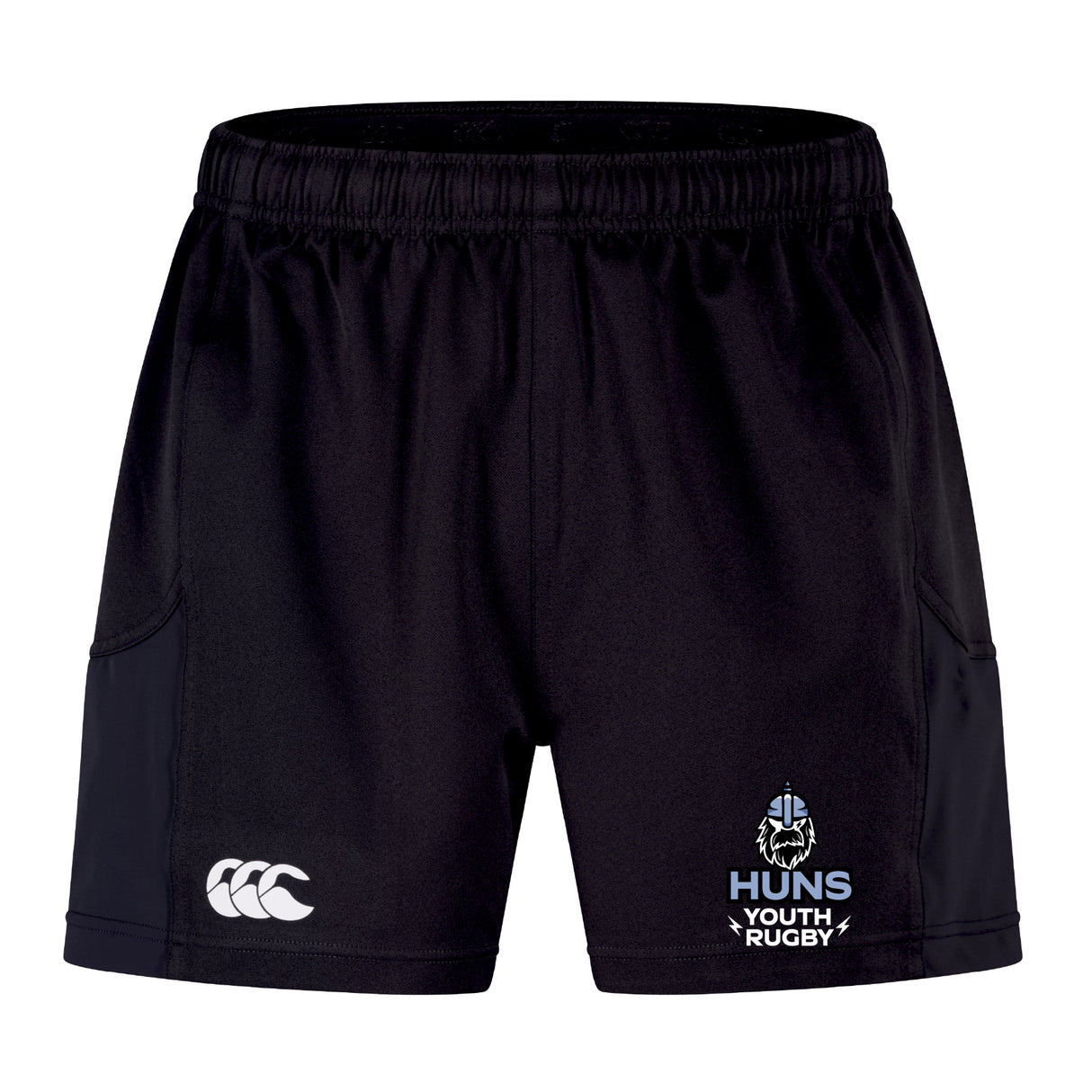 The Austin Huns Youth Rugby Advantage Short 2.0 by EMB Canterbury features an elastic waistband, the Canterbury logo, and the Huns Youth Rugby emblem—ideal performance shorts for young athletes.