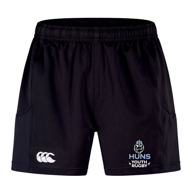 The Austin Huns Youth Rugby Advantage Short 2.0 by EMB Canterbury features an elastic waistband, the Canterbury logo, and the Huns Youth Rugby emblem—ideal performance shorts for young athletes.