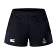 The Austin Huns Youth Rugby Women's Advantage Short 2.0 by EMB Canterbury features black performance fabric, a white CCC logo on the left leg, and "Huns Youth Rugby" branding on the right for comfort and style.