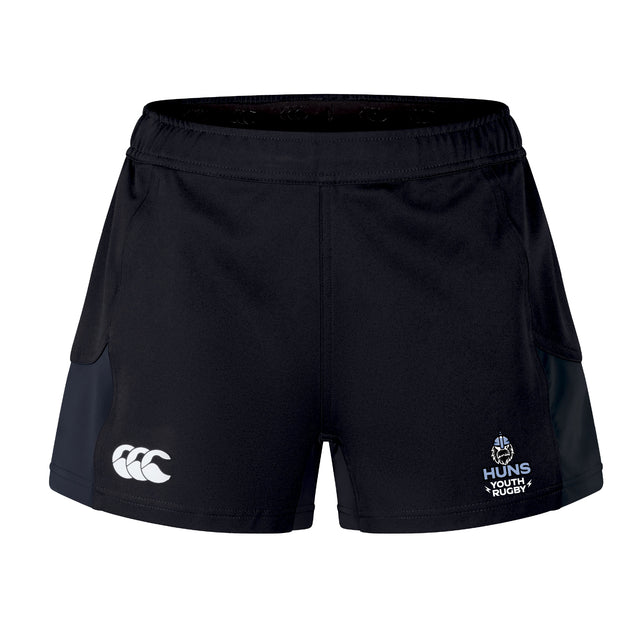 The Austin Huns Youth Rugby Women's Advantage Short 2.0 by EMB Canterbury features black performance fabric, a white CCC logo on the left leg, and "Huns Youth Rugby" branding on the right for comfort and style.