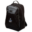 The Austin Huns Youth Rugby Medium Backpack by EMB Canterbury features grey zippers, accents, the "Huns Youth Rugby" logo, a side mesh pocket, and a water repellent design—ideal for athletic gear. Shown on a white background.