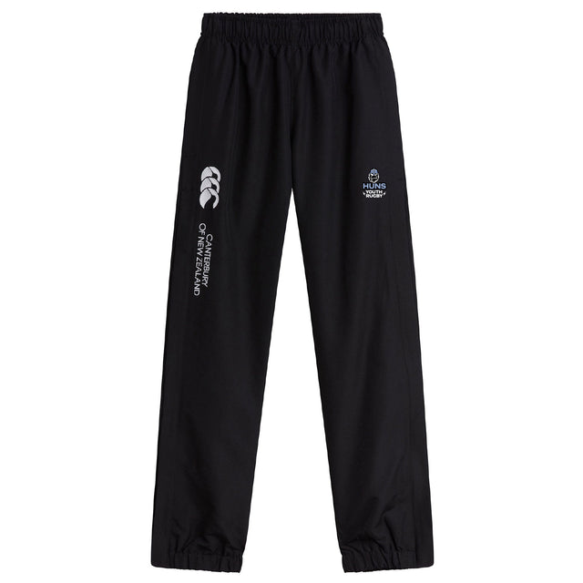 The Austin Huns Youth Rugby Cuffed Hem Stadium Pant by EMB Canterbury features an elastic waistband, cuffed hem, and white Canterbury and Huns World logos—ideal rugby pants combining comfort and style.