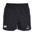 The Austin Huns Youth Rugby Advantage Shorts by EMB Canterbury feature an elastic waistband, moisture-wicking fabric, the Canterbury logo on the left leg, and the Huns Youth Rugby logo on the right for comfort and style.