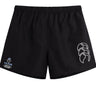 The Austin Huns Youth Rugby Tactic Short by Canterbury features an elastic waistband, "Huns Youth Rugby" left-leg logo, and a large white right-leg logo. Lightweight and durable, these EMB Canterbury shorts are perfect for training or game days.