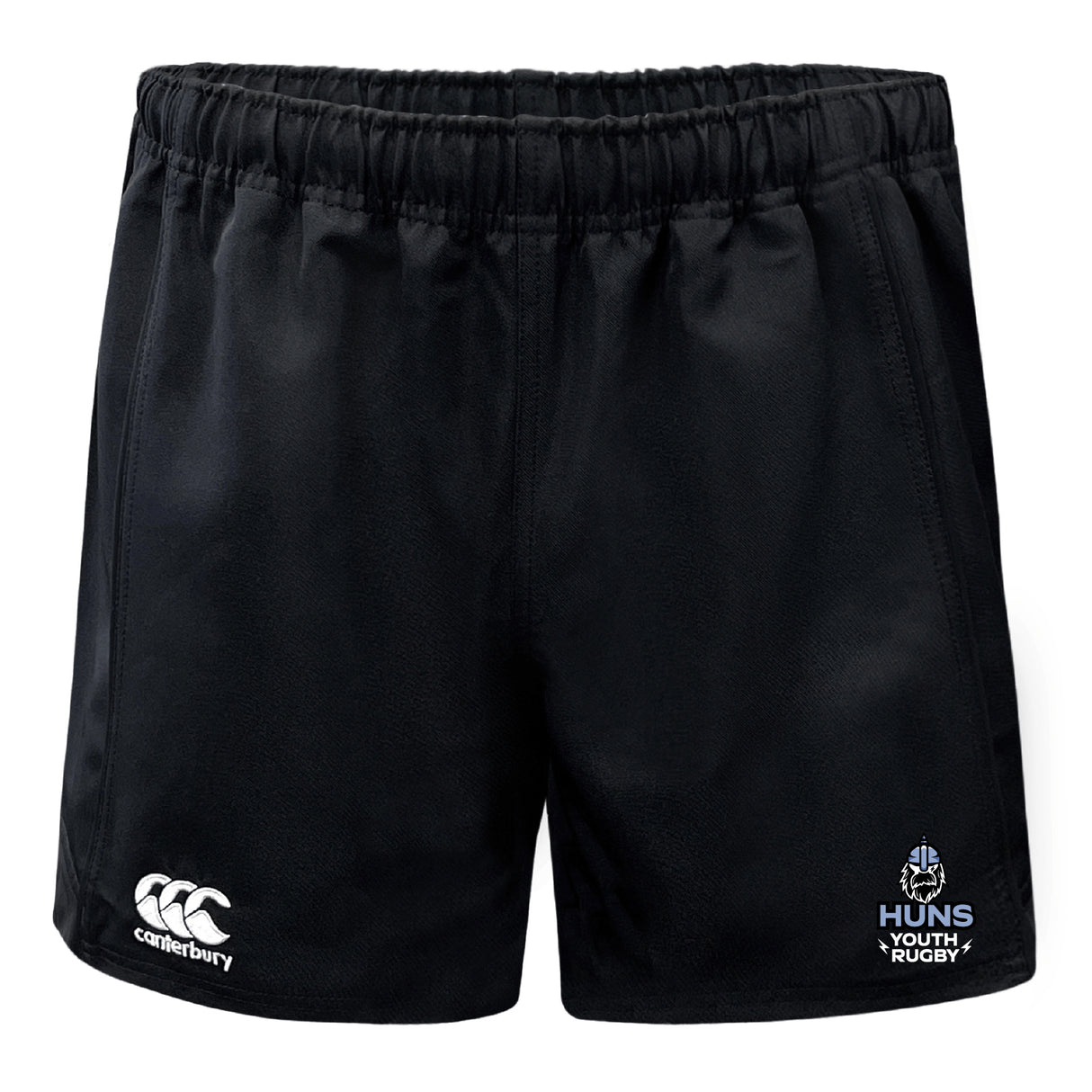 The Austin Huns Youth Rugby Professional Polyester Rugby Short by EMB Canterbury features an elastic waistband, Canterbury logo on the left leg, Huns emblem on the right, and a durable, comfortable design—ideal for every game.