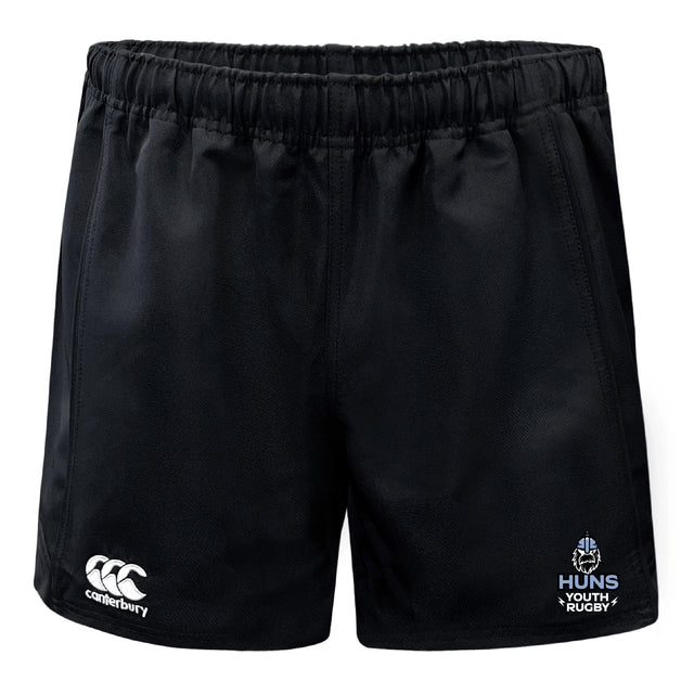 The Austin Huns Youth Rugby Professional Polyester Rugby Short by EMB Canterbury features an elastic waistband, Canterbury logo on the left leg, Huns emblem on the right, and a durable, comfortable design—ideal for every game.