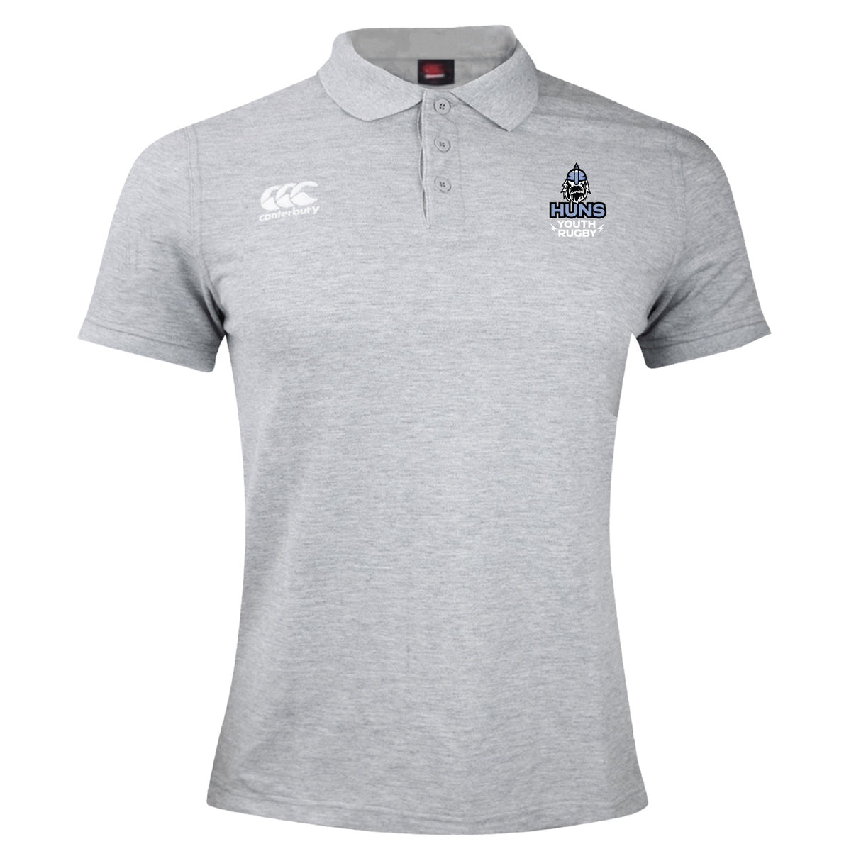 The Austin Huns Youth Rugby Waimak Polo by EMB Canterbury features light grey short sleeves, a collar, button placket, CCC logo on the right chest, and Huns Rugby logo on the left—a must-have for young rugby fans.