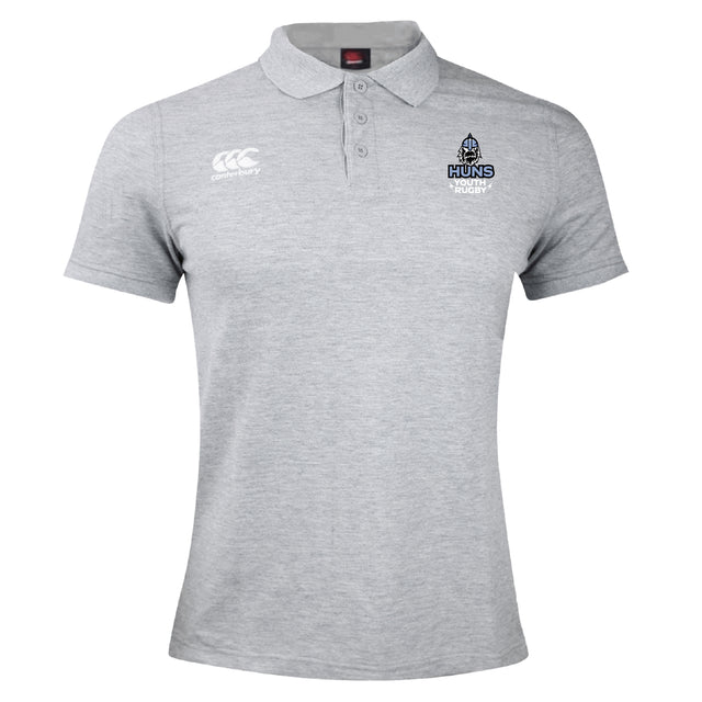 The Austin Huns Youth Rugby Waimak Polo by EMB Canterbury features light grey short sleeves, a collar, button placket, CCC logo on the right chest, and Huns Rugby logo on the left—a must-have for young rugby fans.