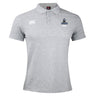 The Austin Huns Youth Rugby Waimak Polo by EMB Canterbury features light grey short sleeves, a collar, button placket, CCC logo on the right chest, and Huns Rugby logo on the left—a must-have for young rugby fans.