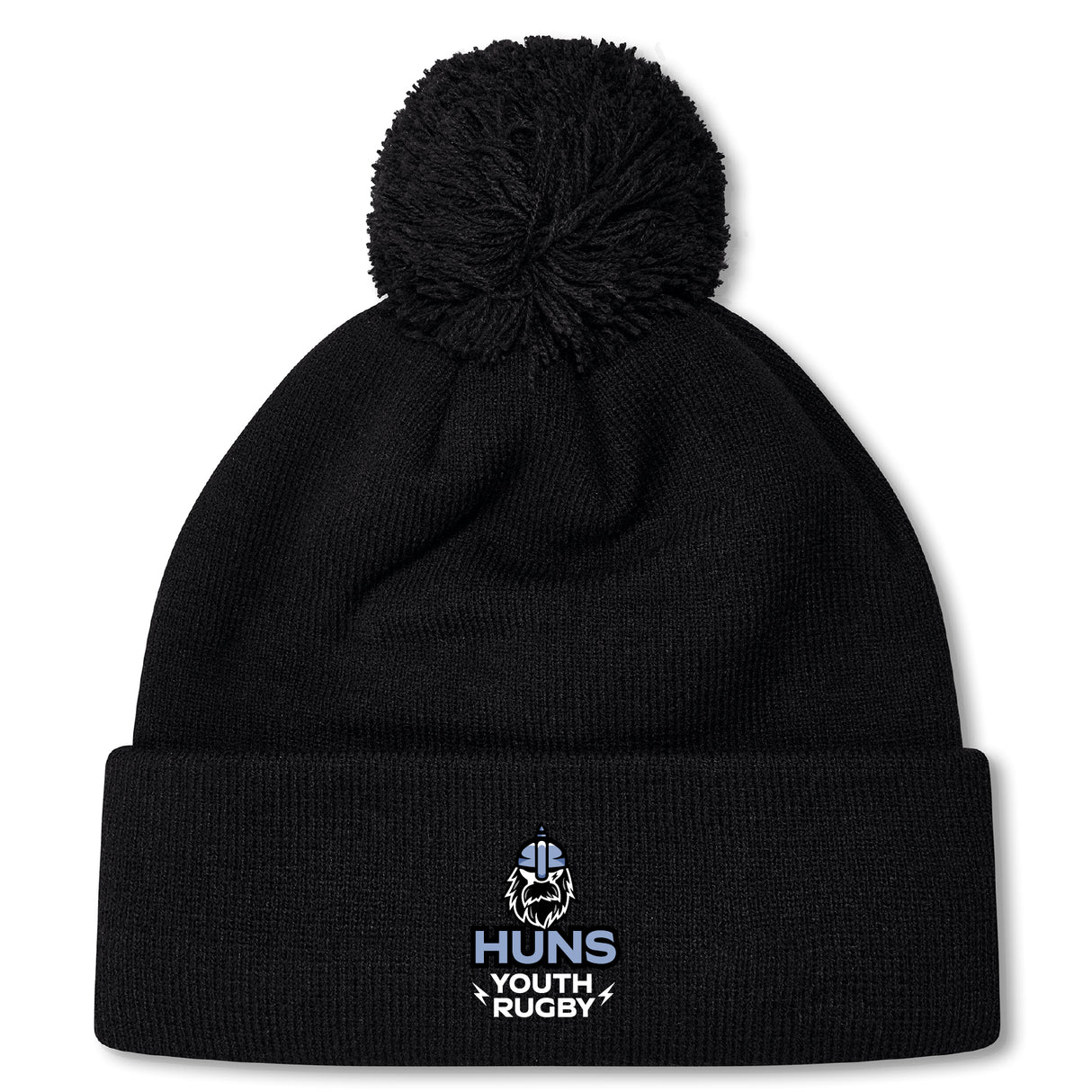 Stay warm in the Austin Huns Youth Rugby Pom Pom Beanie by EMB Canterbury, featuring a black knit design, fleece lining, and an embroidered "Huns Youth Rugby" Viking helmet logo on the front.