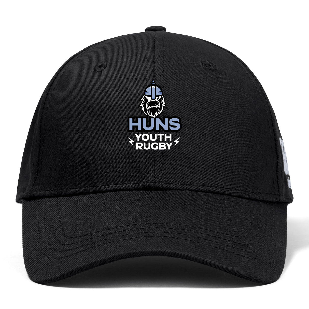 The Austin Huns Youth Rugby Flexfit Drill Cap by EMB Canterbury features a black design with the "Huns Youth Rugby" logo, including a Viking helmet and beard, and has a classic curved brim style.
