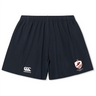Navy blue West Potomac RFC Yokohama Shorts by EMB Canterbury with an elastic waistband, white Canterbury logo on the left leg, and a shield crest on the right—perfect for any fan of classic Canterbury rugby shorts.