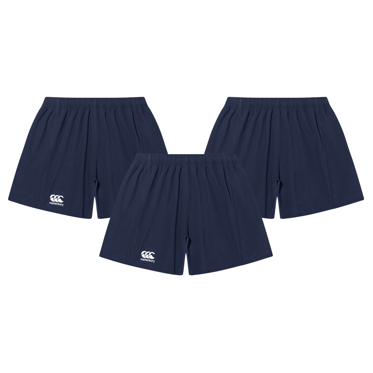 The Canterbury Yokohama Short 3-Pack Bundle includes three navy blue rugby shorts with elastic waists and white Canterbury logos on the lower left legs, all from Bundle—ideal as a rugby shorts bundle.