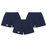 The Canterbury Yokohama Short 3-Pack Bundle includes three navy blue rugby shorts with elastic waists and white Canterbury logos on the lower left legs, all from Bundle—ideal as a rugby shorts bundle.