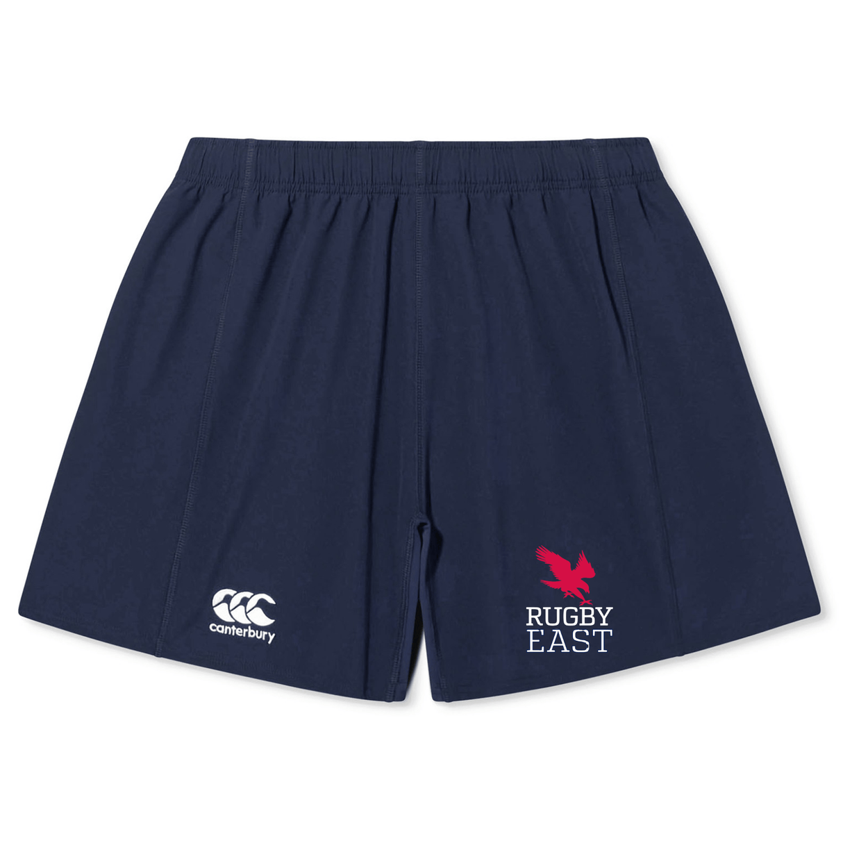 Navy blue Rugby East Conference Yokohama Short by EMB Canterbury featuring the Canterbury logo on the left leg and "Rugby East" with an eagle graphic on the right leg.