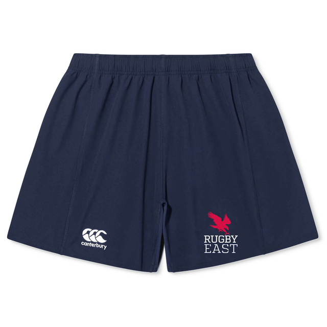 Navy blue Rugby East Conference Yokohama Short by EMB Canterbury featuring the Canterbury logo on the left leg and "Rugby East" with an eagle graphic on the right leg.