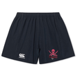 Navy blue SUNY Maritime Yokohama Shorts by EMB Canterbury with a white Canterbury logo on the left and a pink "Port Pirates Mariners" skull and crossbones logo on the right, crafted from lightweight durable fabric.