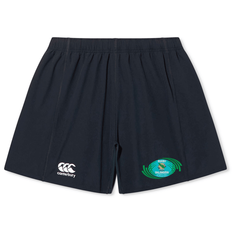 EMB Canterbury navy blue Rugby Oklahoma Yokohama Shorts with a white CCC logo on the left leg and a green and blue rugby world cup emblem on the right leg.