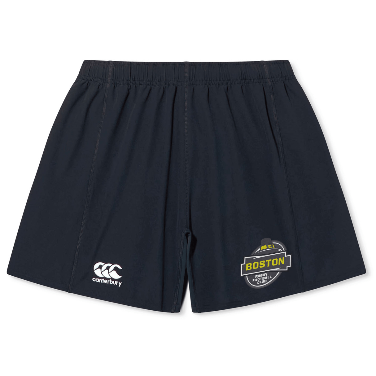 Navy blue EMB Canterbury rugby shorts with a Boston RFC Yokohama Short emblem on the left leg and a EMB Canterbury logo on the right, crafted from lightweight durable fabric.
