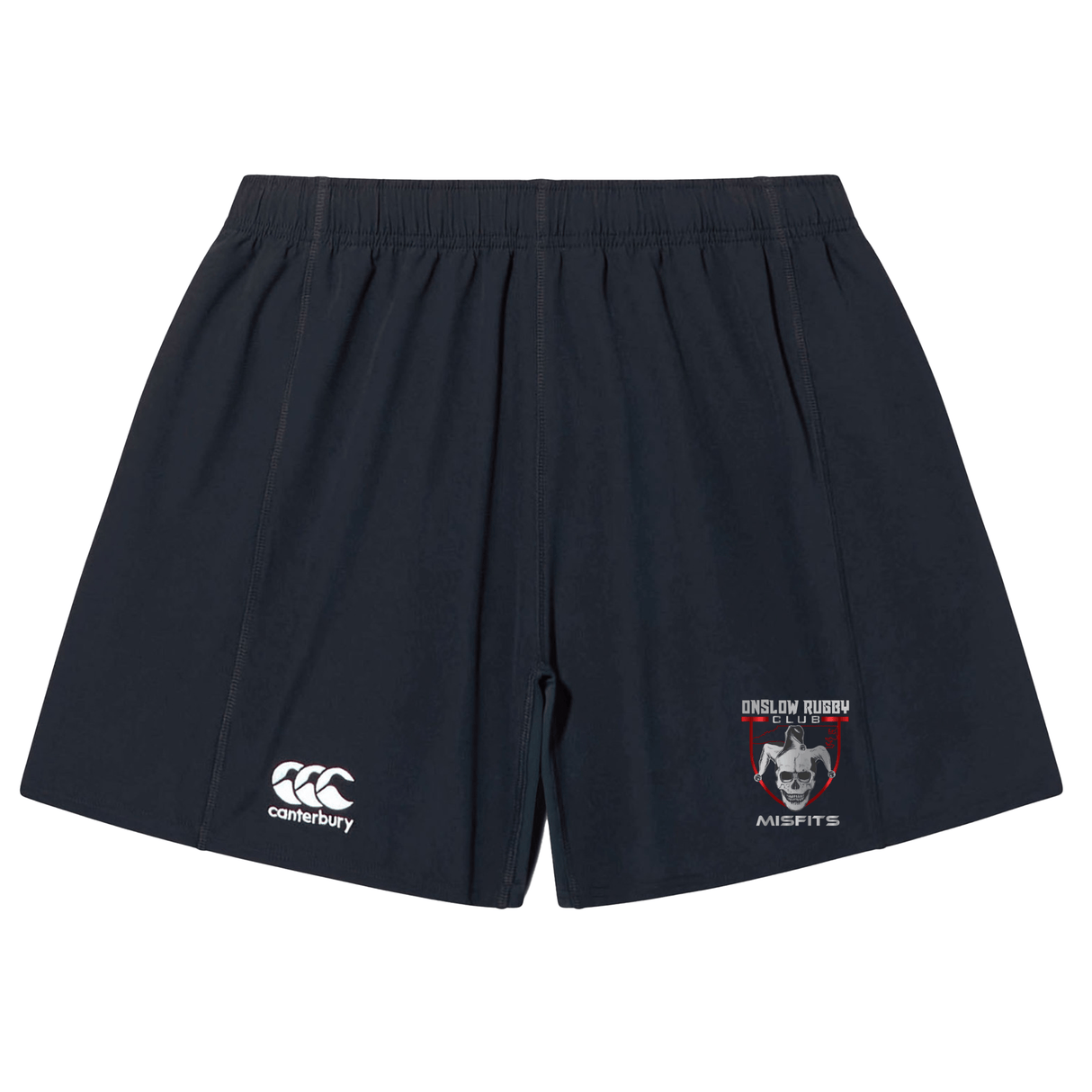 Navy blue EMB Canterbury rugby shorts with a Misfits Gaming logo and an Onslow Rugby emblem on the left leg, crafted from lightweight durable fabric.
