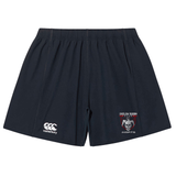 Navy blue EMB Canterbury rugby shorts with a Misfits Gaming logo and an Onslow Rugby emblem on the left leg, crafted from lightweight durable fabric.