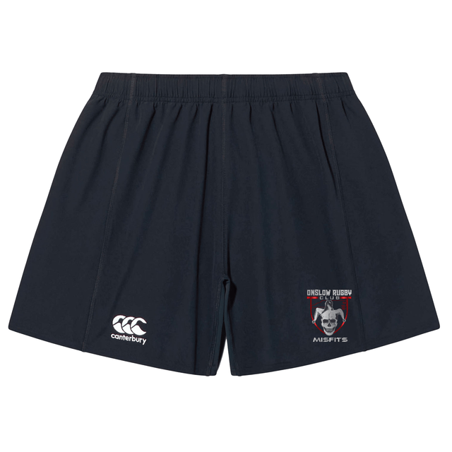 Navy blue EMB Canterbury rugby shorts with a Misfits Gaming logo and an Onslow Rugby emblem on the left leg, crafted from lightweight durable fabric.