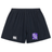 A pair of black athletic shorts featuring a white EMB Canterbury logo on the left leg, a purple and white Winona State University Yokohama Short by Canterbury emblem on the right leg, and durable fabric ideal for rugby players.