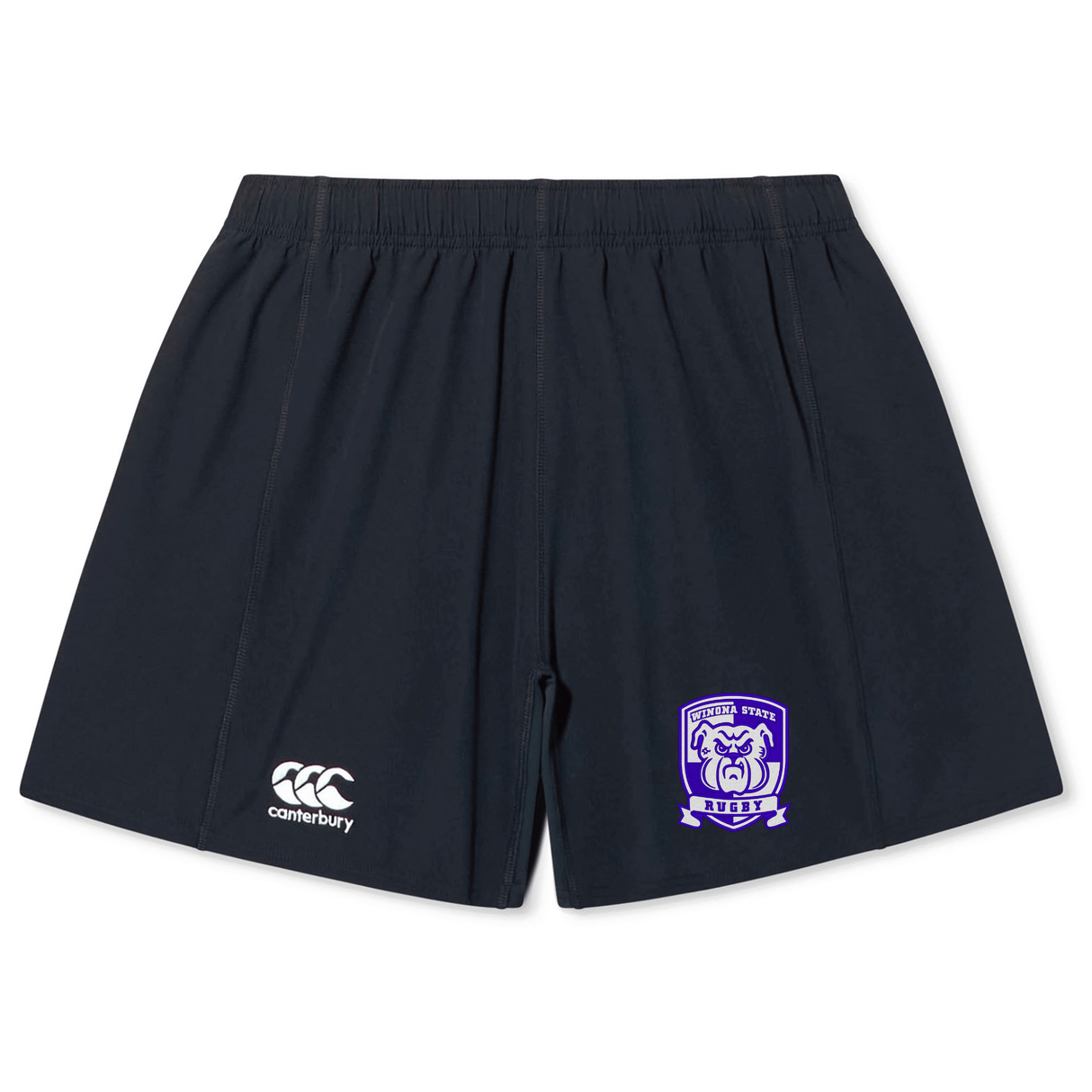 A pair of black athletic shorts featuring a white EMB Canterbury logo on the left leg, a purple and white Winona State University Yokohama Short by Canterbury emblem on the right leg, and durable fabric ideal for rugby players.