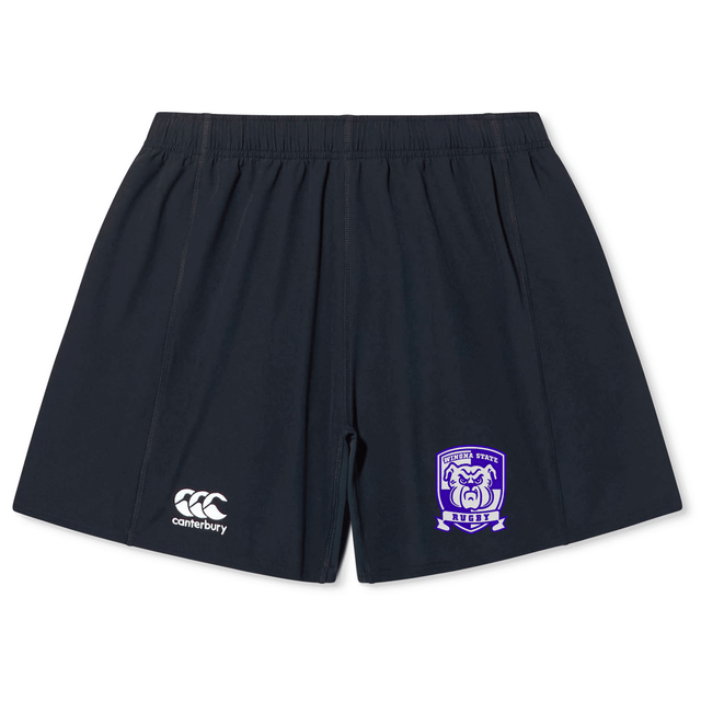 A pair of black athletic shorts featuring a white EMB Canterbury logo on the left leg, a purple and white Winona State University Yokohama Short by Canterbury emblem on the right leg, and durable fabric ideal for rugby players.