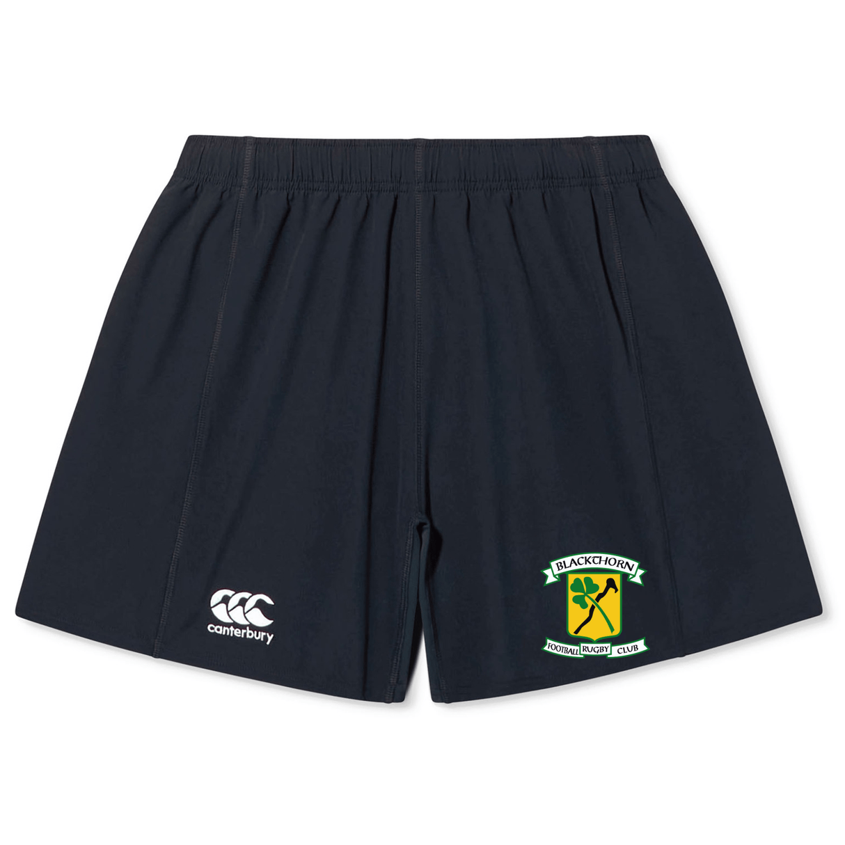 Navy blue EMB Canterbury rugby shorts with a Blackthorn RFC Yokohama Short emblem on the left leg and the EMB Canterbury logo on the right, crafted from durable fabric.