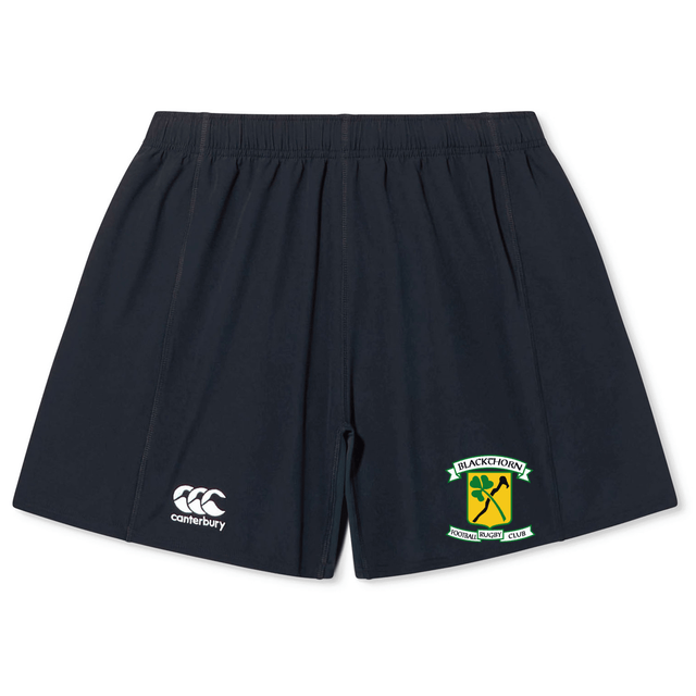 Navy blue EMB Canterbury rugby shorts with a Blackthorn RFC Yokohama Short emblem on the left leg and the EMB Canterbury logo on the right, crafted from durable fabric.
