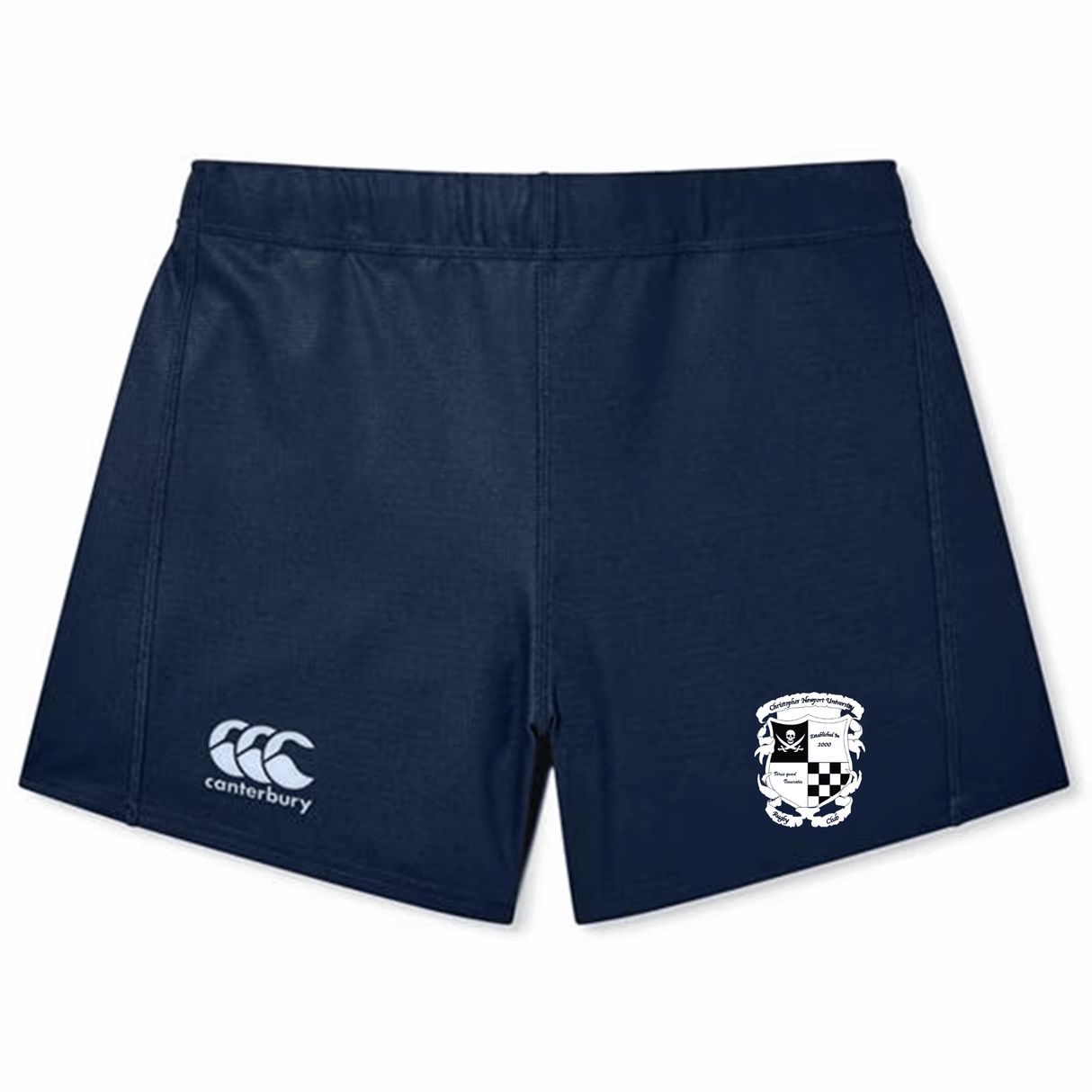 Navy blue EMB Canterbury women's Yokohama rugby shorts with a logo on the left leg and a shield emblem on the right leg, displayed on a white background.