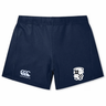 Navy blue EMB Canterbury women's Yokohama rugby shorts with a logo on the left leg and a shield emblem on the right leg, displayed on a white background.