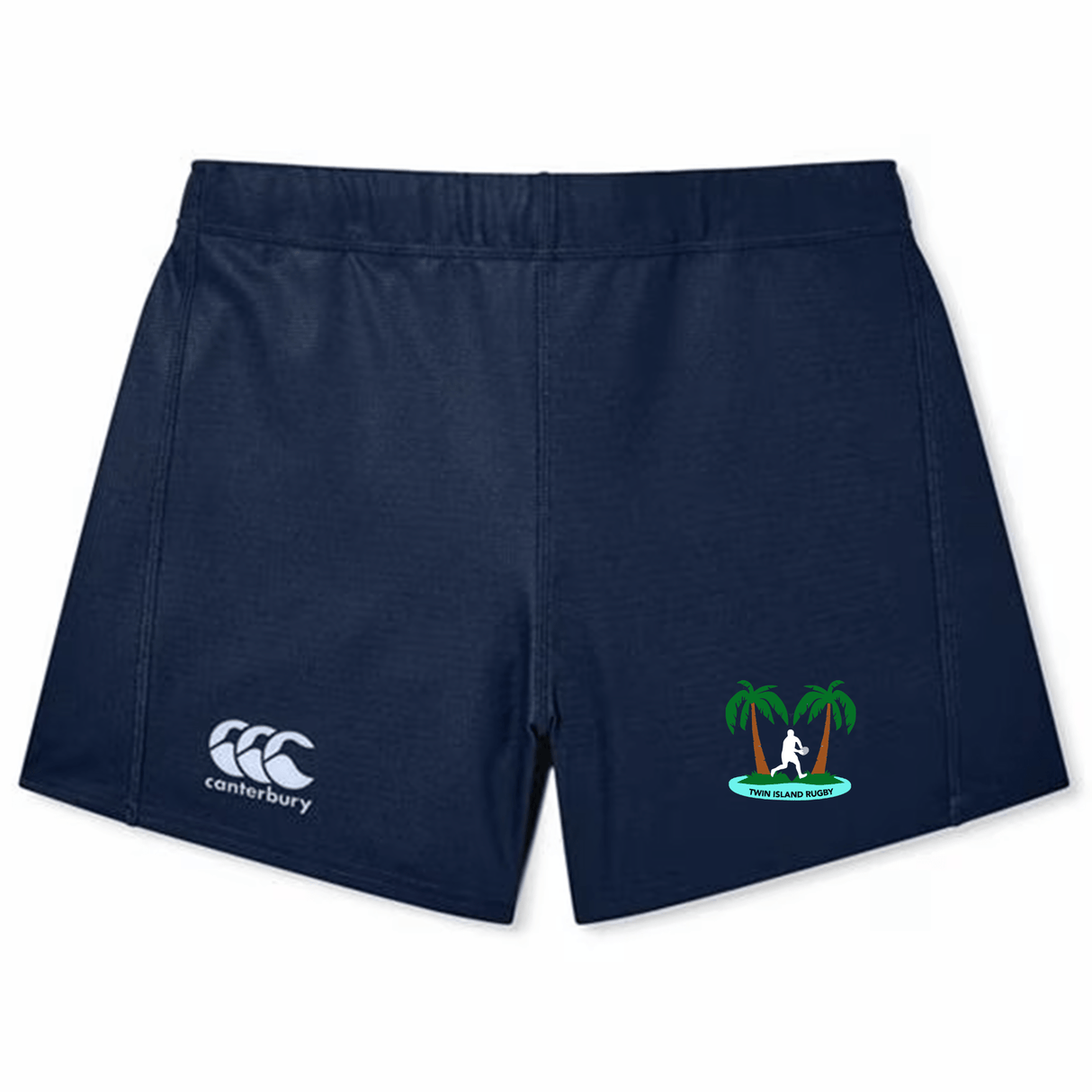Navy blue Twin Island Rugby Women's Yokohama Short by EMB Canterbury with logo on left thigh and a "palm island resort" emblem on the right.