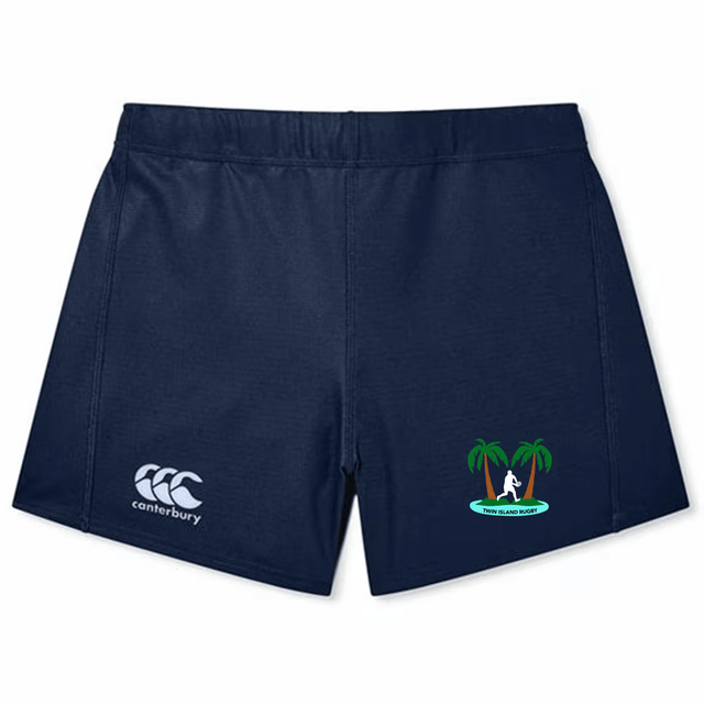 Navy blue Twin Island Rugby Women's Yokohama Short by EMB Canterbury with logo on left thigh and a "palm island resort" emblem on the right.