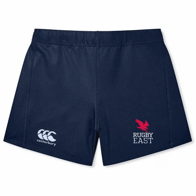 Navy blue Rugby East Conference Women's Yokohama Short by Canterbury featuring the EMB Canterbury logo on the left leg and a "Rugby East" graphic with a red eagle on the right leg, made from lightweight durable fabric.