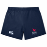 Navy blue Rugby East Conference Women's Yokohama Short by Canterbury featuring the EMB Canterbury logo on the left leg and a "Rugby East" graphic with a red eagle on the right leg, made from lightweight durable fabric.