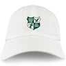 The Zionsville Rugby Club Adult Low-Profile Cotton Twill Dad Cap by EMB S&S Activewear showcases embroidered team branding with a green shield, rugby player, eagle, and "EST. 2003" on white cotton twill.