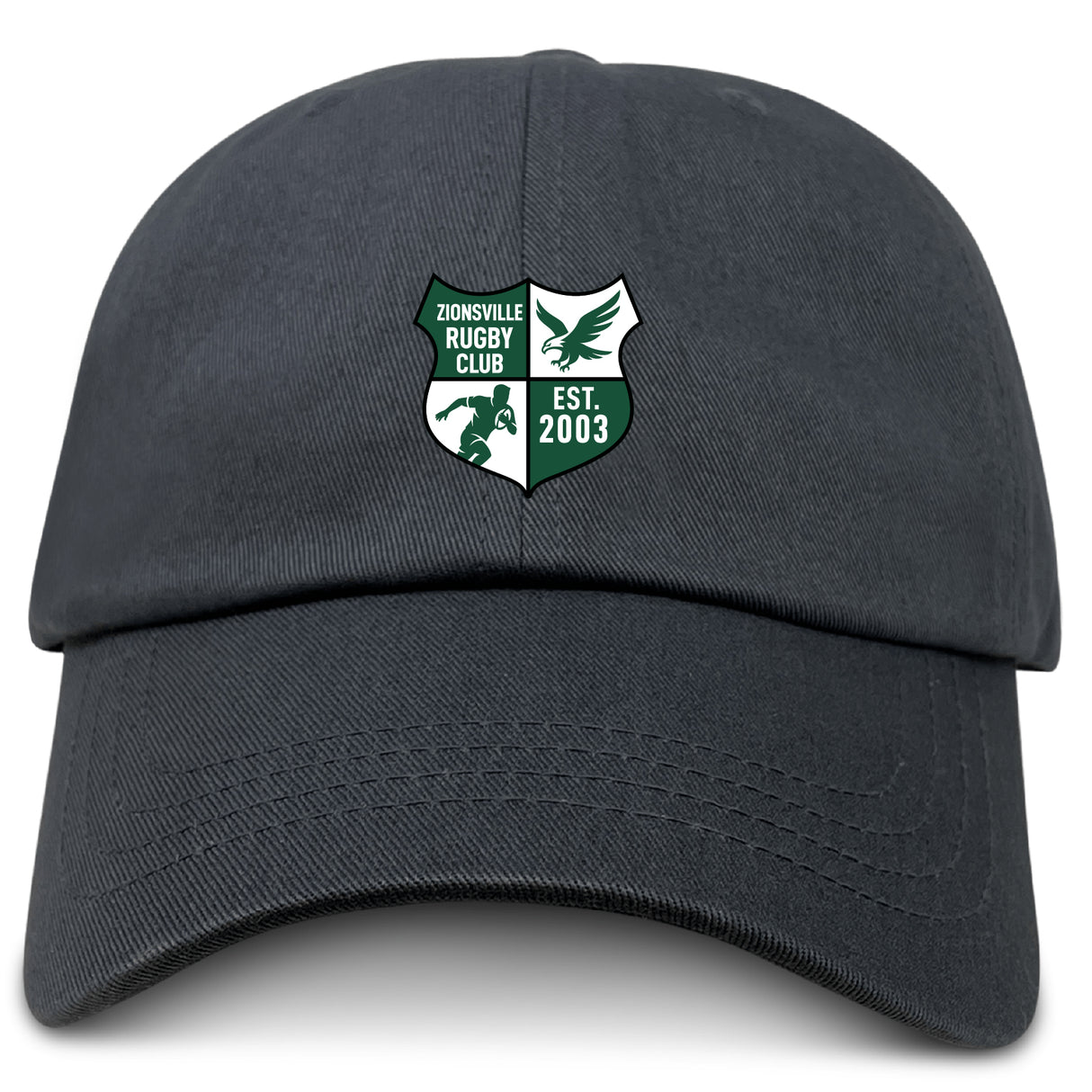 The EMB S&S Activewear Zionsville Rugby Club Adult Low-Profile Cotton Twill Dad Cap features black cotton twill with embroidered team branding and a green and white crest reading "EST. 2003" on the front.