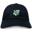 The Zionsville Rugby Club Adult Low-Profile Cotton Twill Dad Cap by EMB S&S Activewear is a black cap with an embroidered green and white shield crest and "Est. 2003" on the front.