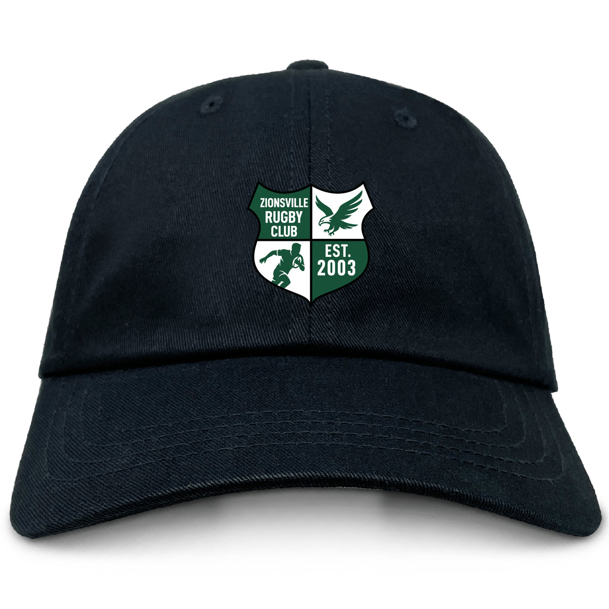 The Zionsville Rugby Club Adult Low-Profile Cotton Twill Dad Cap by EMB S&S Activewear is a black cap with an embroidered green and white shield crest and "Est. 2003" on the front.