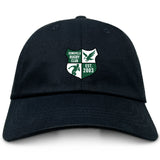 The Zionsville Rugby Club Adult Low-Profile Cotton Twill Dad Cap by EMB S&S Activewear is a black cap with an embroidered green and white shield crest and "Est. 2003" on the front.
