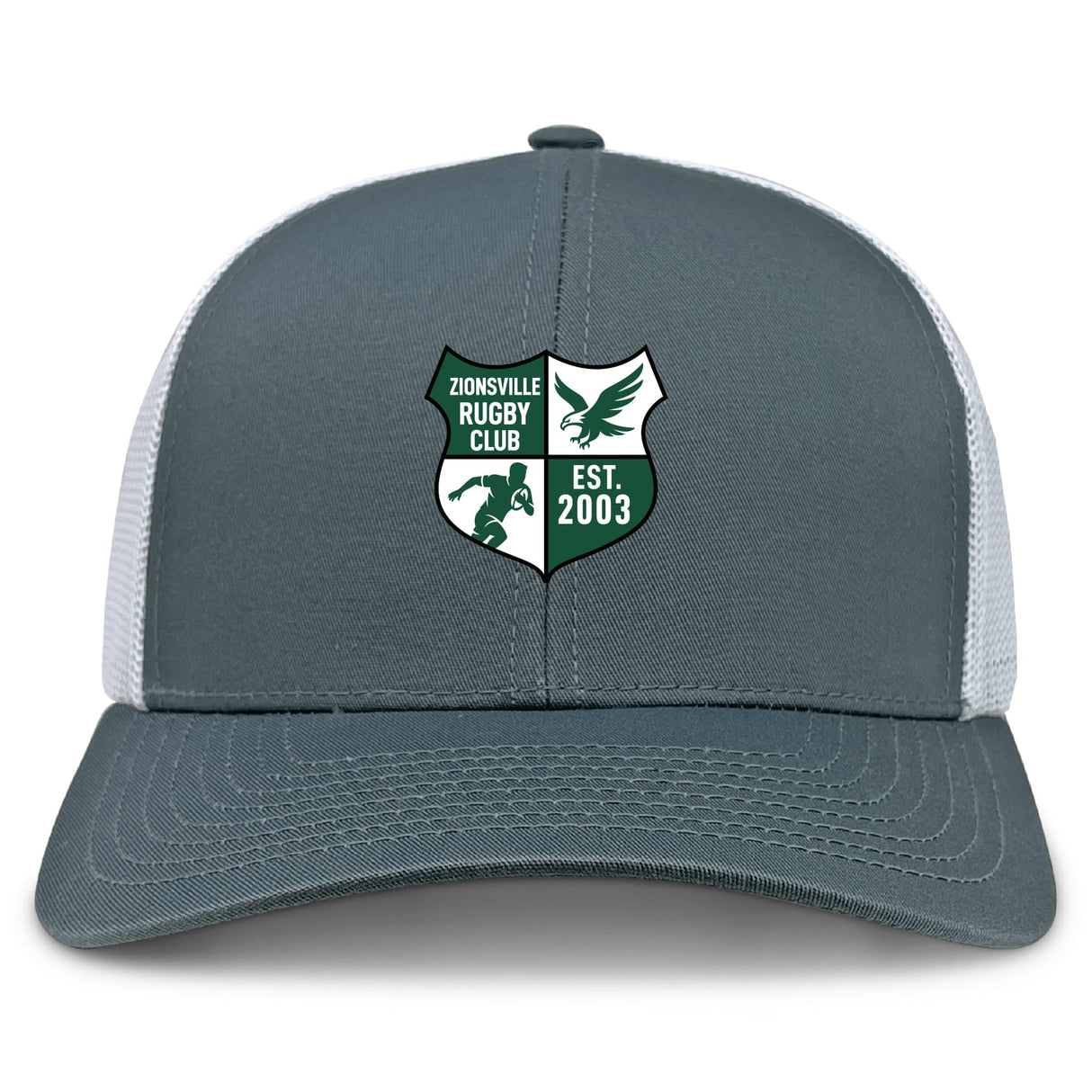 The Zionsville Rugby Club Retro Trucker Cap by EMB S&S Activewear features gray and white panels, an embroidered crest with a rugby player, eagle, and "EST. 2003," plus a snapback closure for adjustable fit.