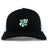 The Zionsville Rugby Club Retro Trucker Cap by EMB S&S Activewear is a black and white cap with a green and white embroidered "Est. 2003" design on the front and a classic snapback closure.