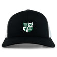 The Zionsville Rugby Club Retro Trucker Cap by EMB S&S Activewear is a black and white cap with a green and white embroidered "Est. 2003" design on the front and a classic snapback closure.