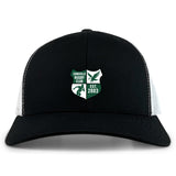 The Zionsville Rugby Club Retro Trucker Cap by EMB S&S Activewear is a black and white cap with a green and white embroidered "Est. 2003" design on the front and a classic snapback closure.