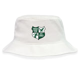 The Zionsville Rugby Club Crusher Bucket Cap by EMB S&S Activewear is a white cotton twill hat with the club logo and "Est. 2003" in green on the front, blending classic style and sun protection.