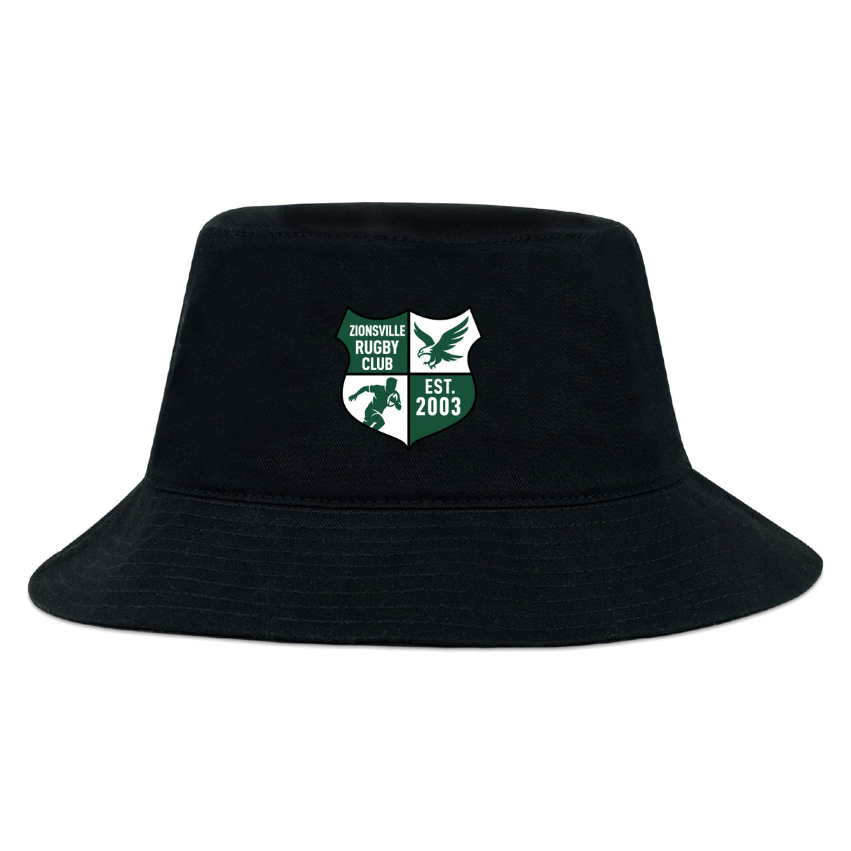 The Zionsville Rugby Club Crusher Bucket Cap by EMB S&S Activewear is a black cotton twill hat with the team logo and "EST. 2003" in green and white on the front—perfect for showing pride and sun protection.