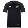 The EMB Canterbury Zionsville Rugby Club Vapodri Evader Jersey features short sleeves, a white Canterbury logo on the right chest, a green and white club crest on the left, and moisture-wicking fabric for comfort.